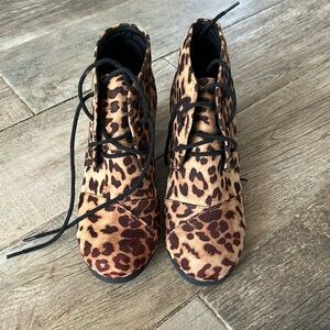 Faux suede like leopard wedge bootie